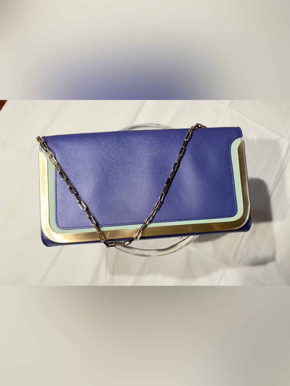 Botkier Purple Blue Clutch with Cream & Mint Trim and Silver Chain - Picture 2 of 5